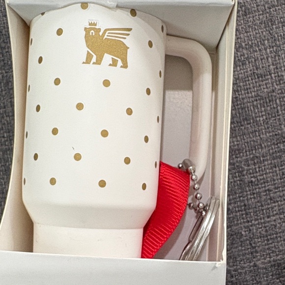 Stanley White Ornament Keychain Tumbler with Gold Polka Dots and Red Strap - Picture 4 of 4